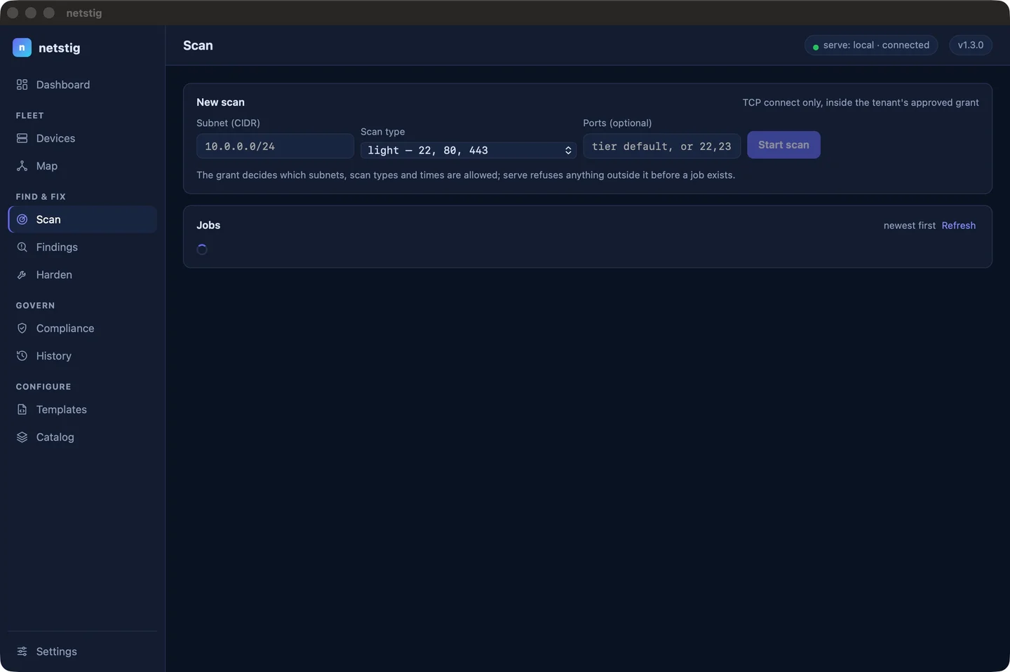 netstig: Actual app · scan setup