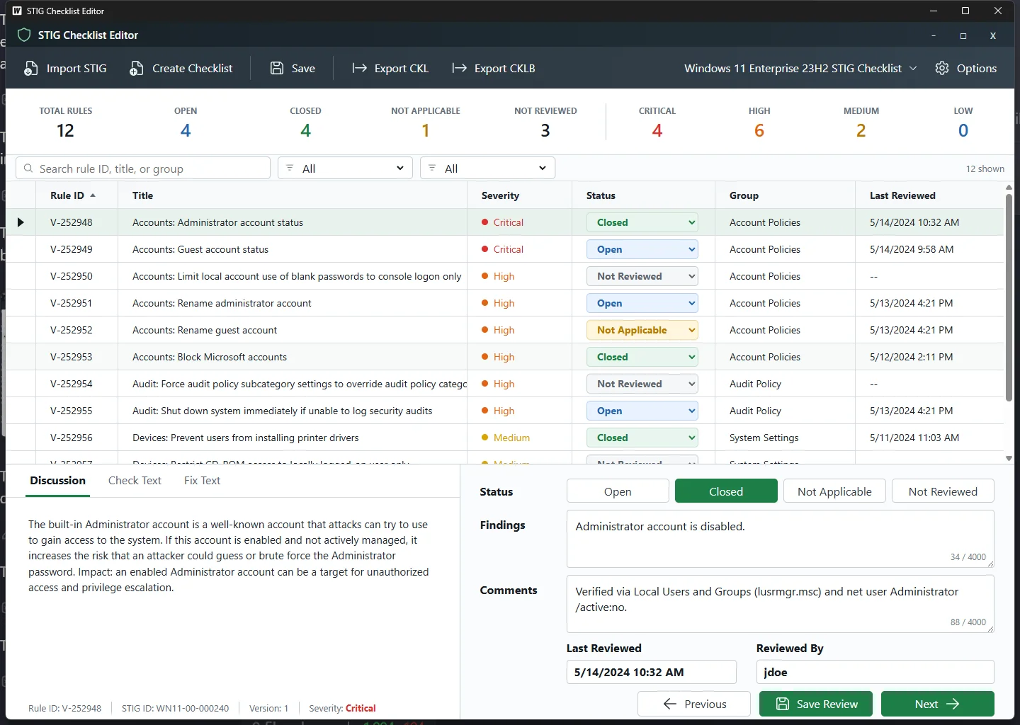 STIG Checklist Editor: Actual app · sample checklist